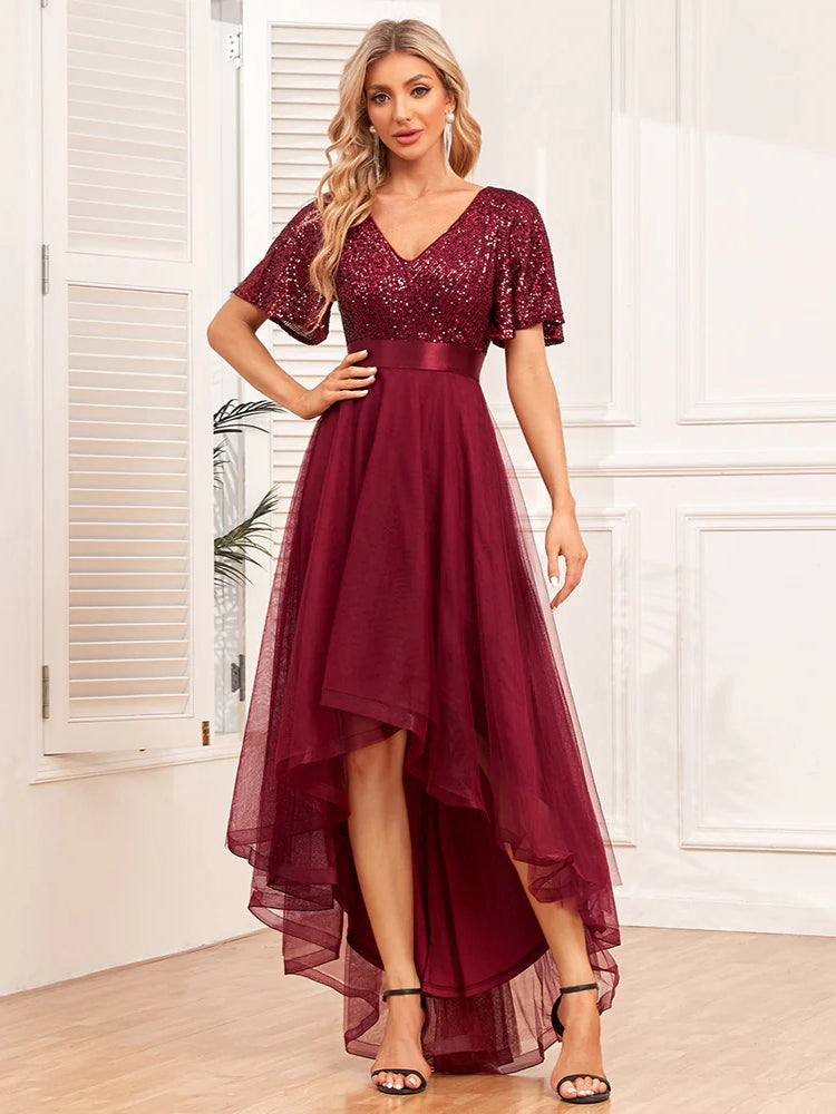 Fashion stitching V-neck irregular evening dress