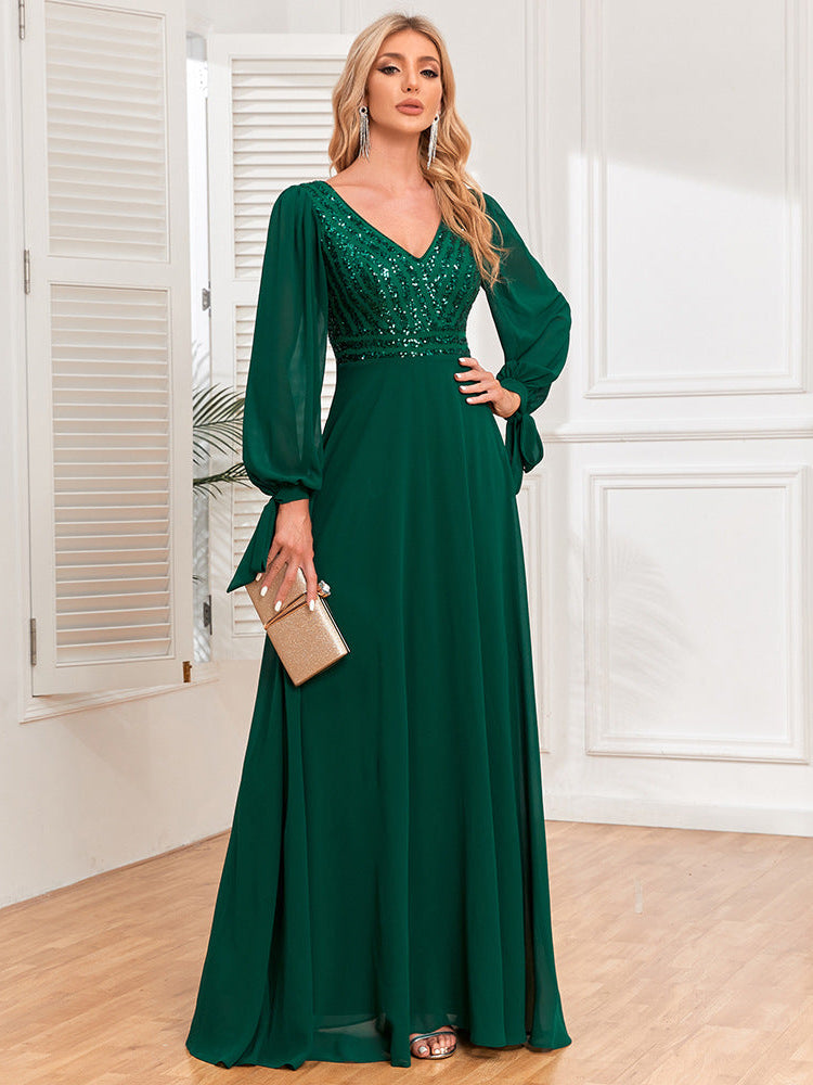 Green V-neck bead spliced chiffon dress