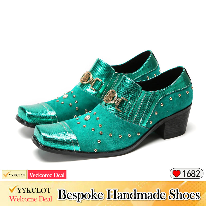 Green studded high-heeled dress shoes Men's fashion leather dress shoes