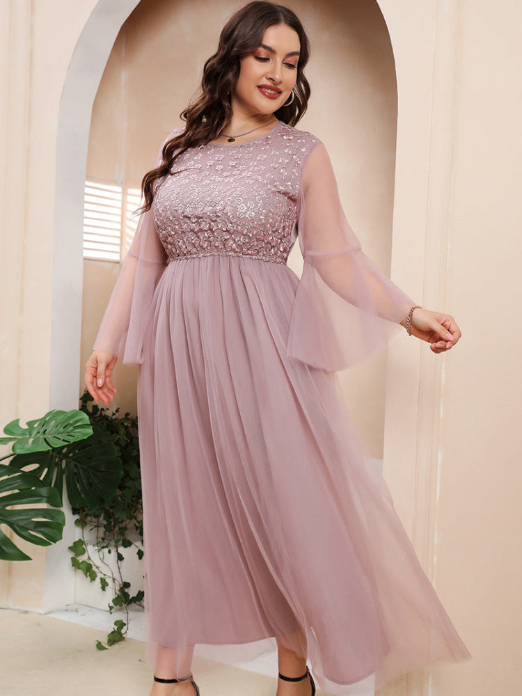 French plus size mesh embroidered dress