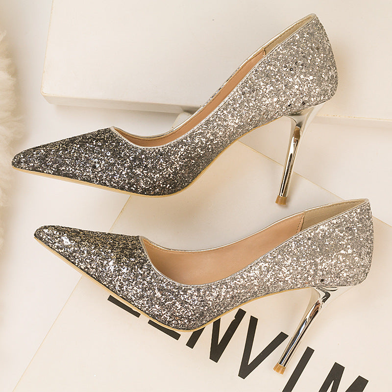 Nightclub tip gradual change sequined high heels