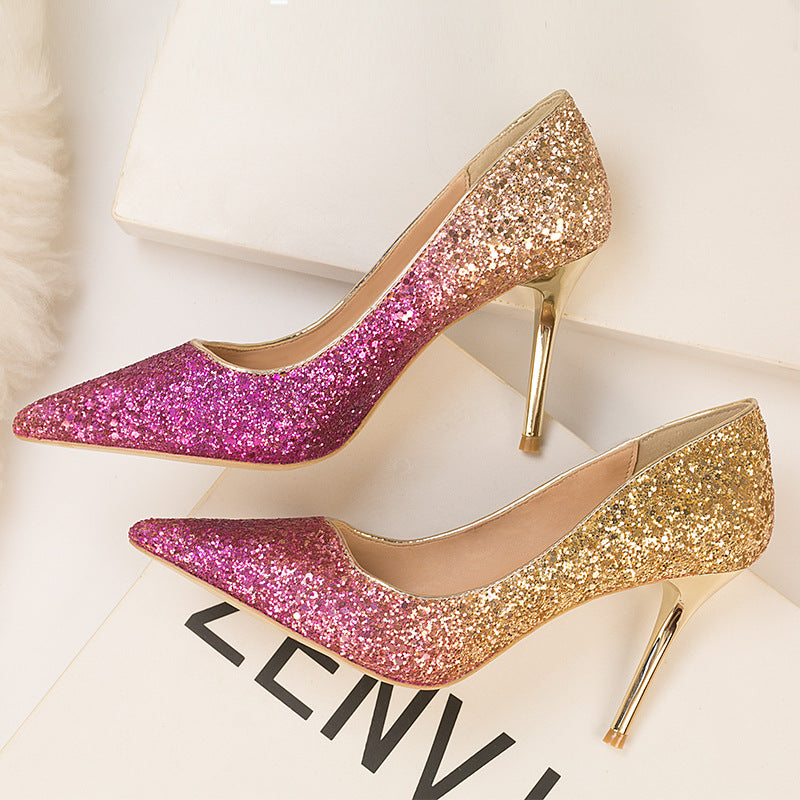 Nightclub tip gradual change sequined high heels