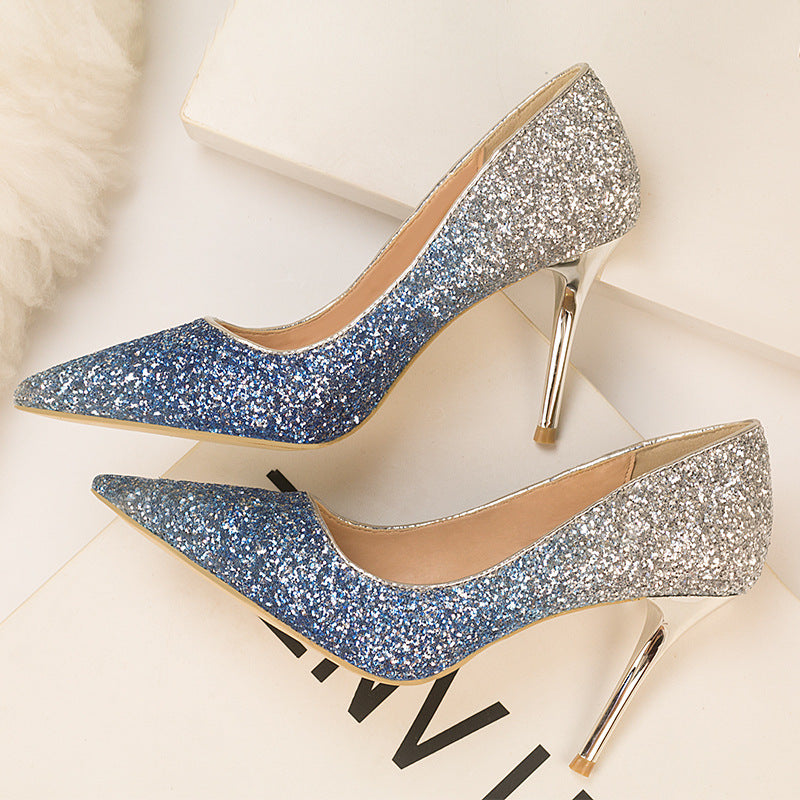 Nightclub tip gradual change sequined high heels