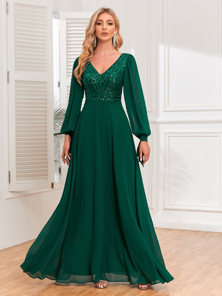 Green V-neck bead spliced chiffon dress