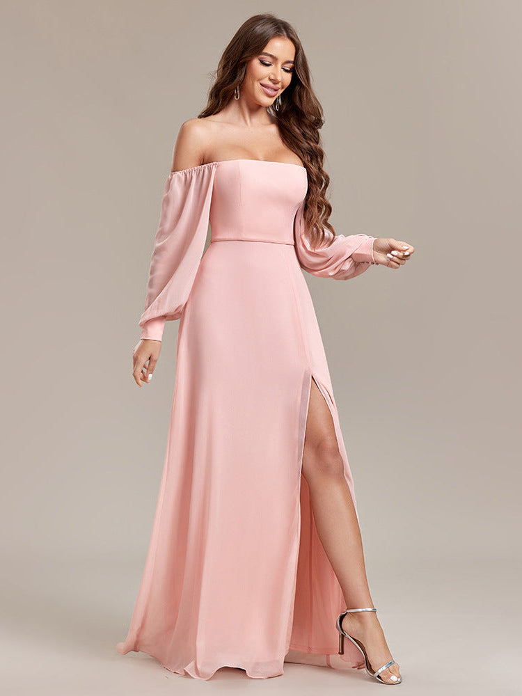 Elegant Curve Shoulder Chiffon Dress