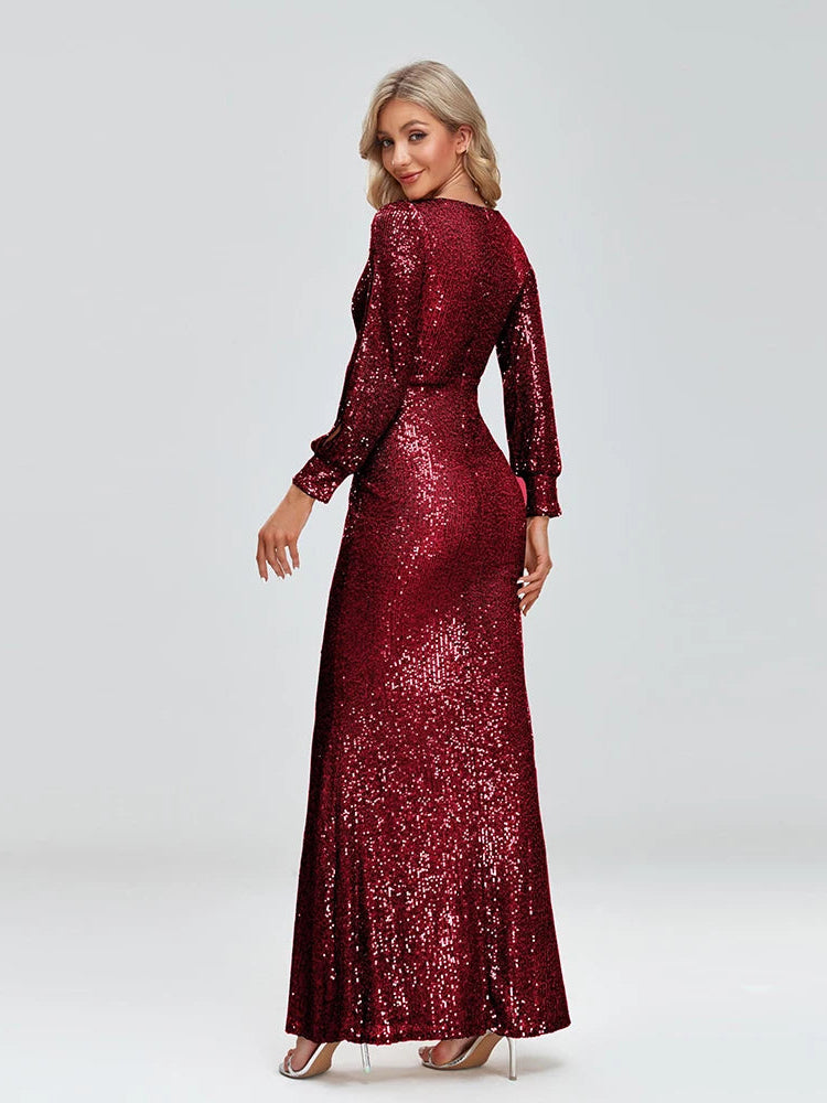 Long Sleeve V-Neck Sequin Fishtail Dress