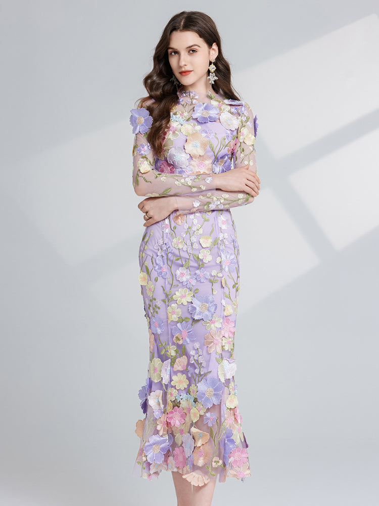 French three-dimensional embroidery long sleeved dress