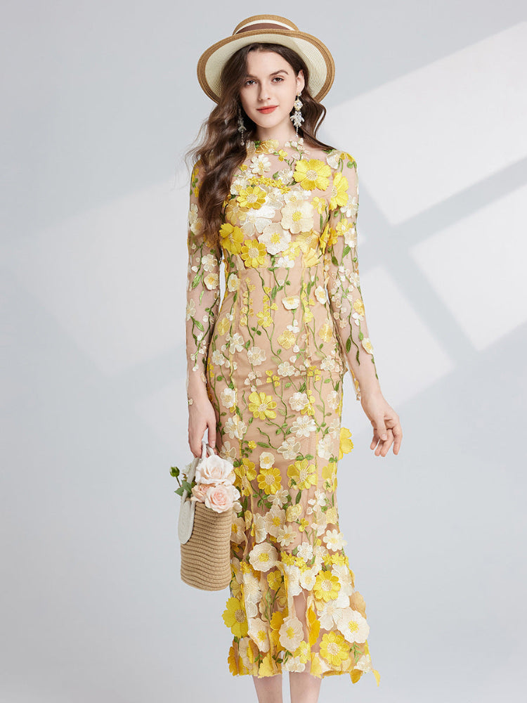 French three-dimensional embroidery long sleeved dress