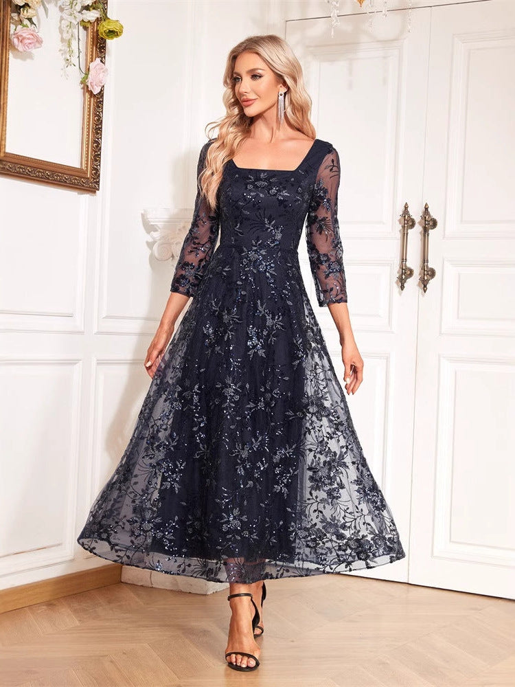 Fashion mesh floral mid-sleeved dress