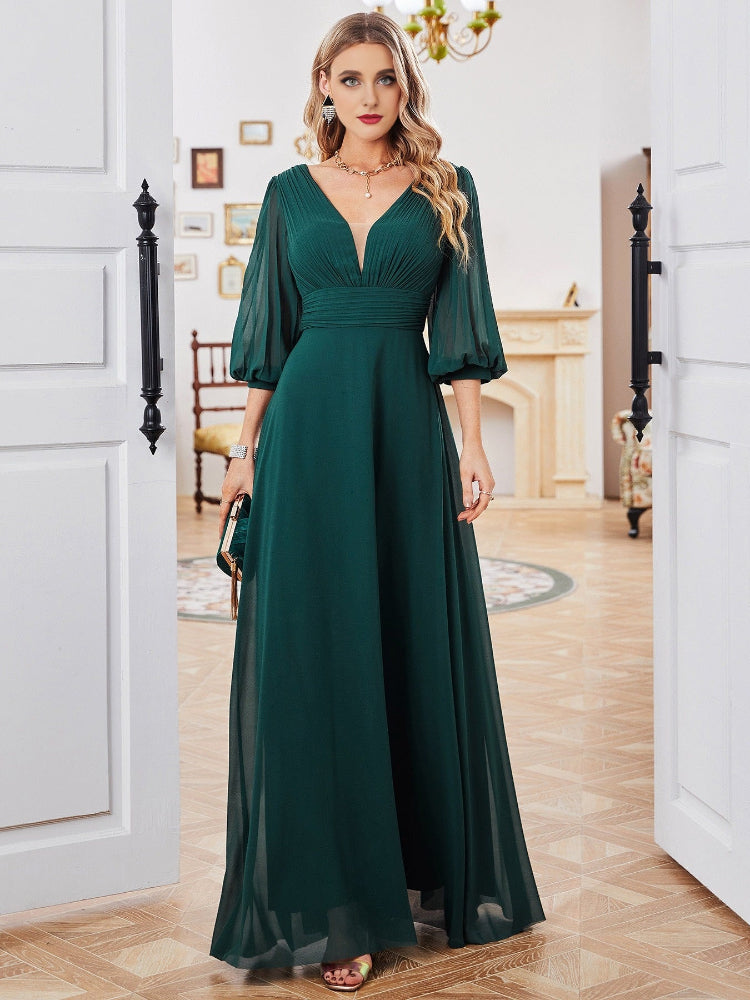 Green Chiffon V-Neck Curve Dress