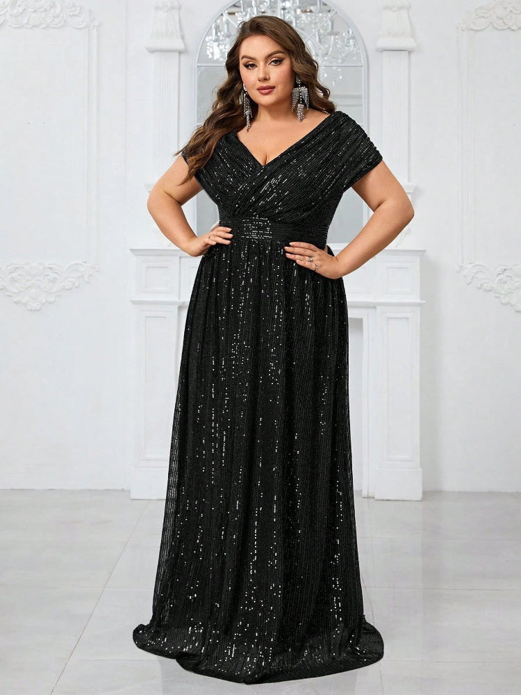 Large size minimalist sequined V-neck shawl dress