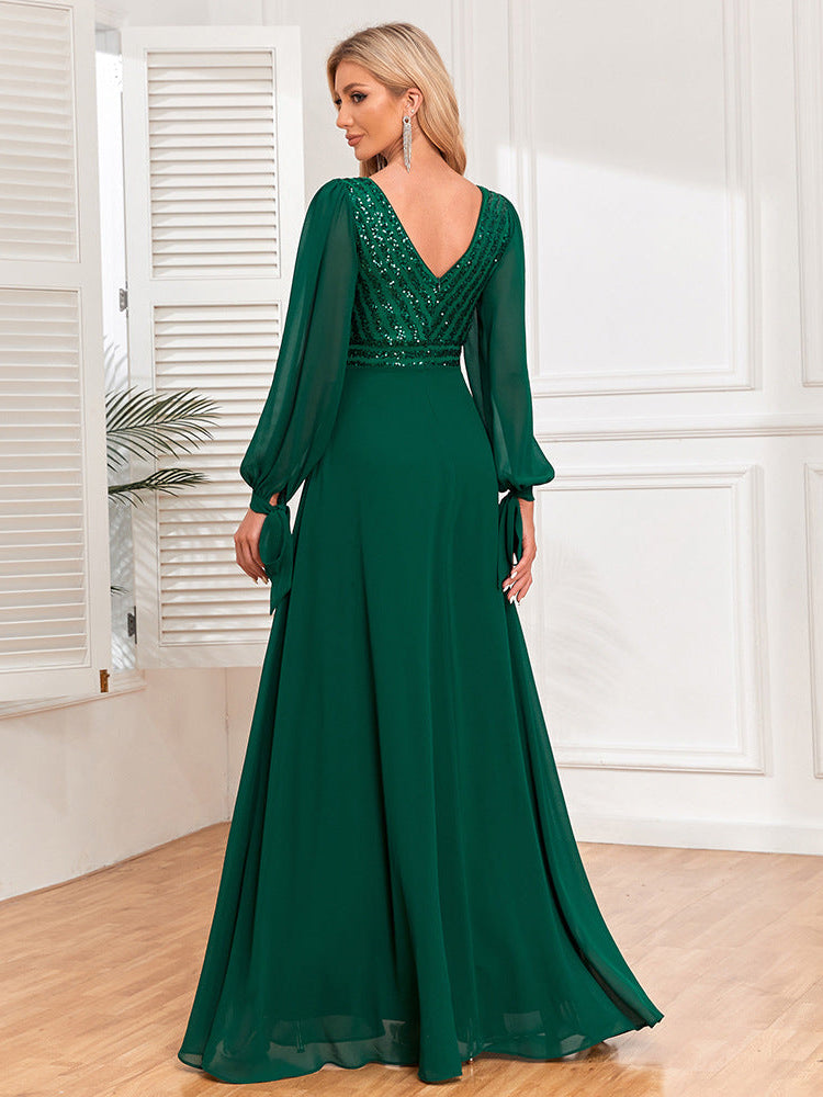 Green V-neck bead spliced chiffon dress