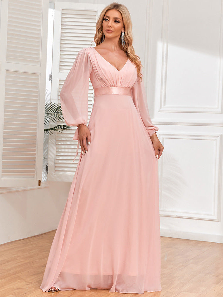 Chiffon long-sleeved double V-neck splicing dress