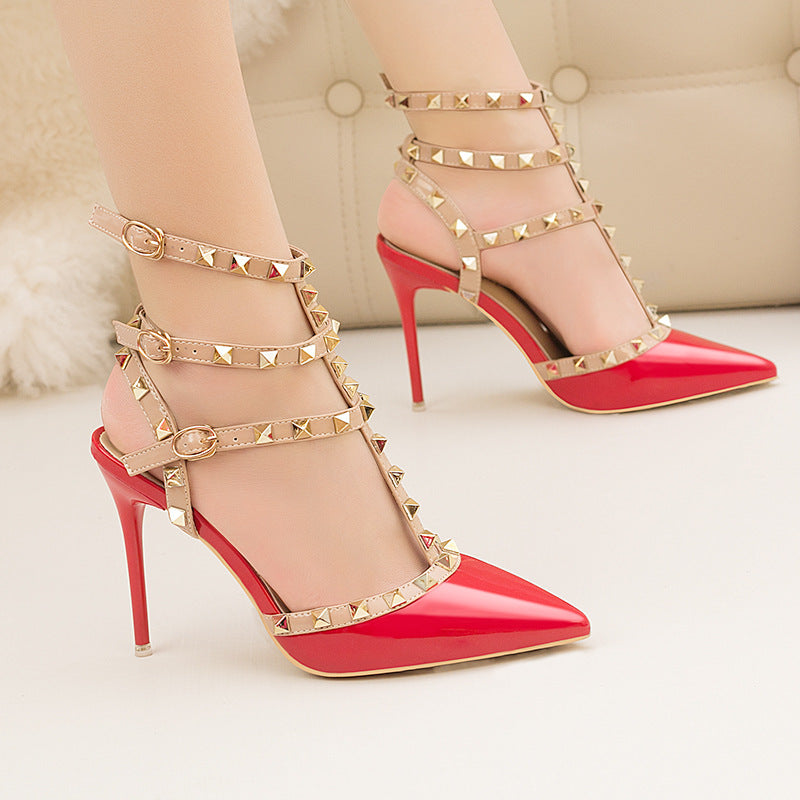 Fashion metal rivet patent leather hollow high heels