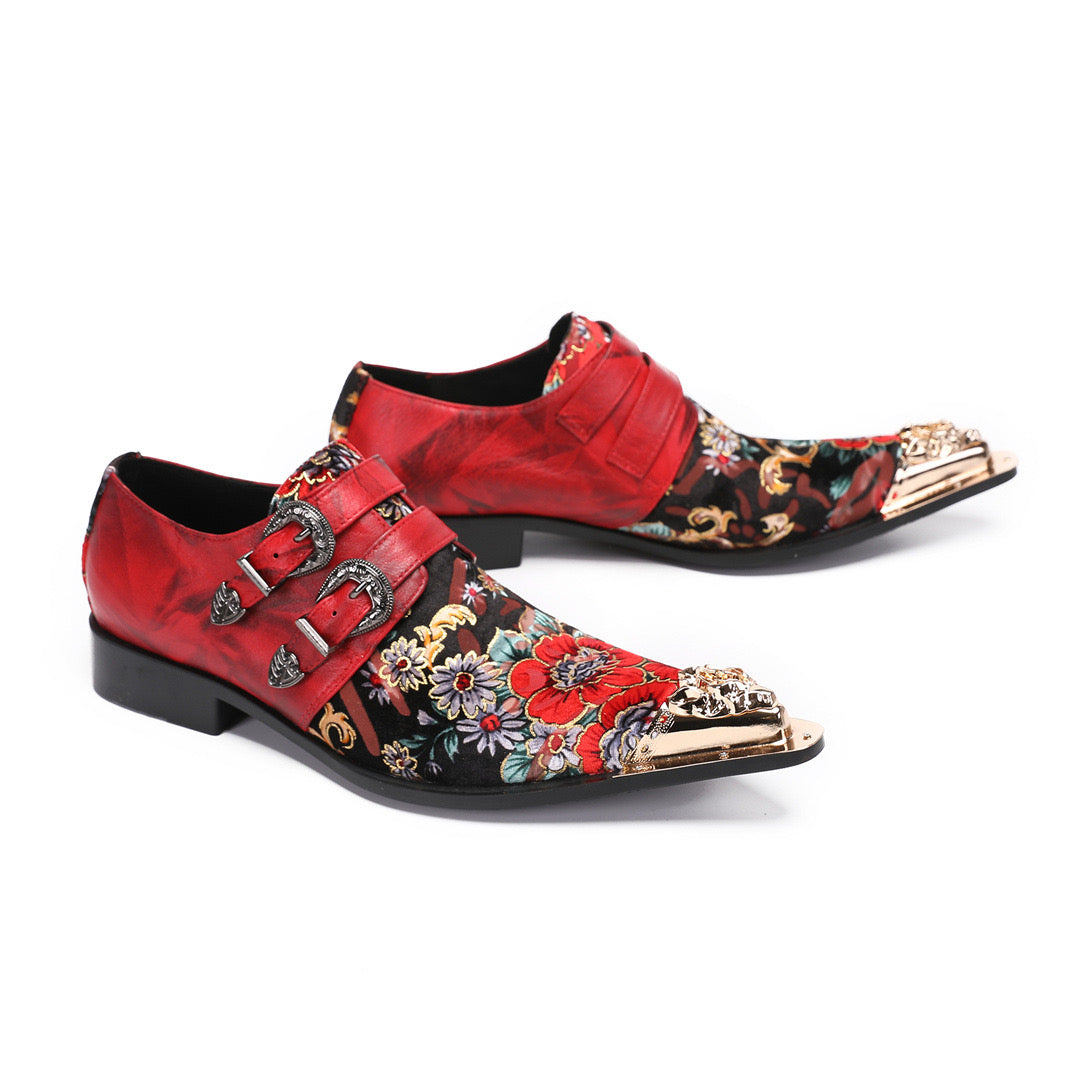 Red printed color matching double button men's dress shoes