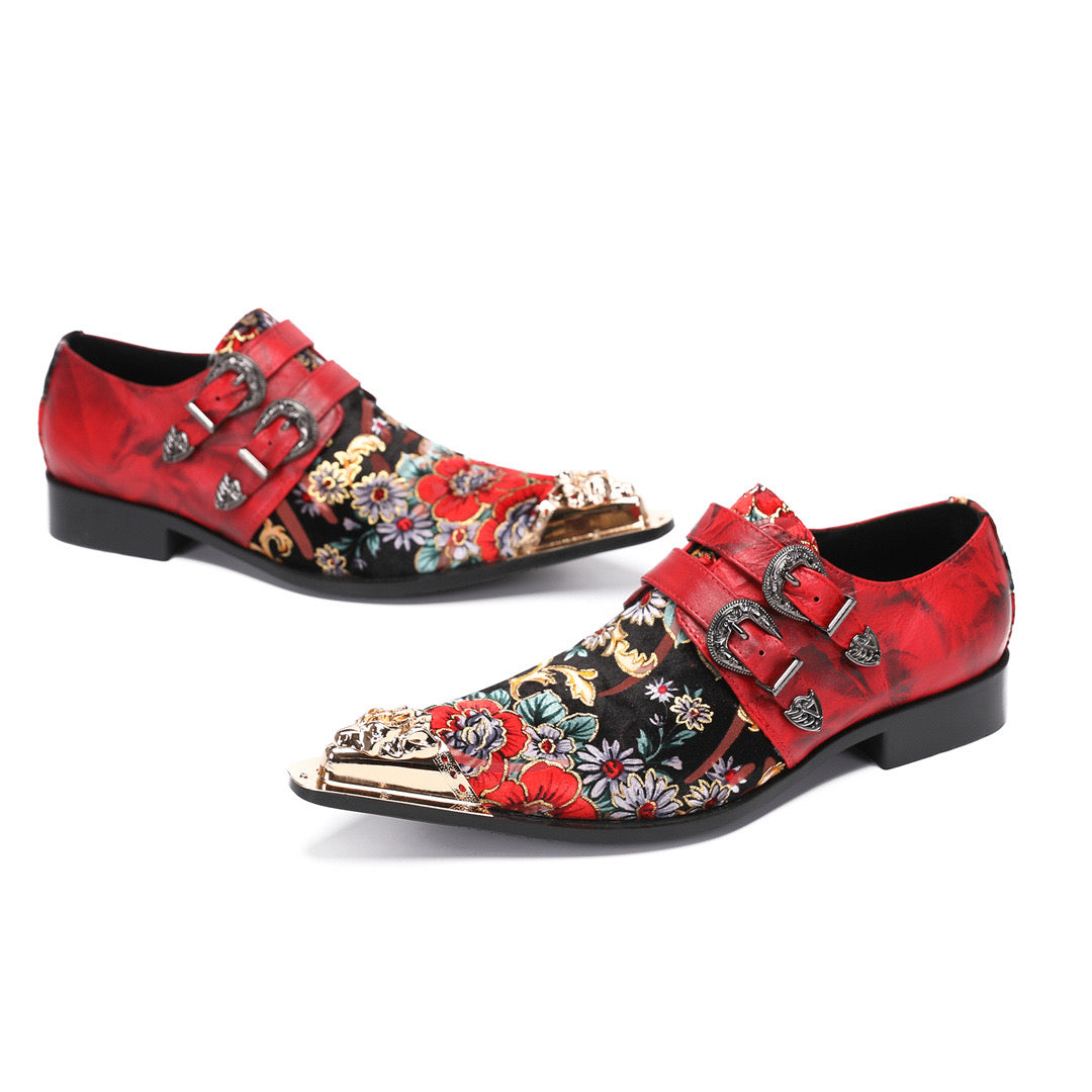 Red printed color matching double button men's dress shoes