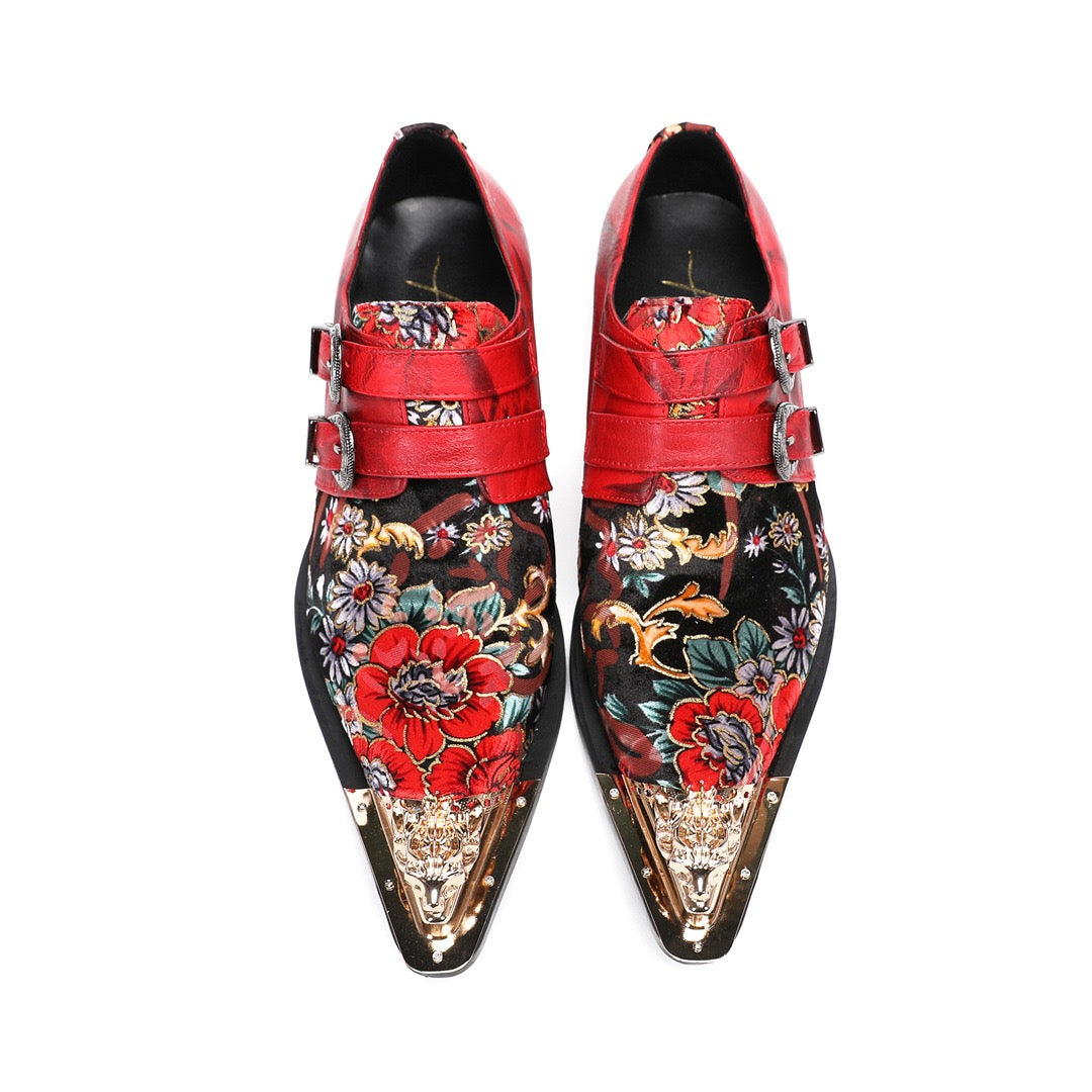 Red printed color matching double button men's dress shoes