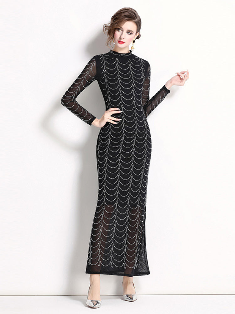 Stand-up neck mesh hot diamond hip dress