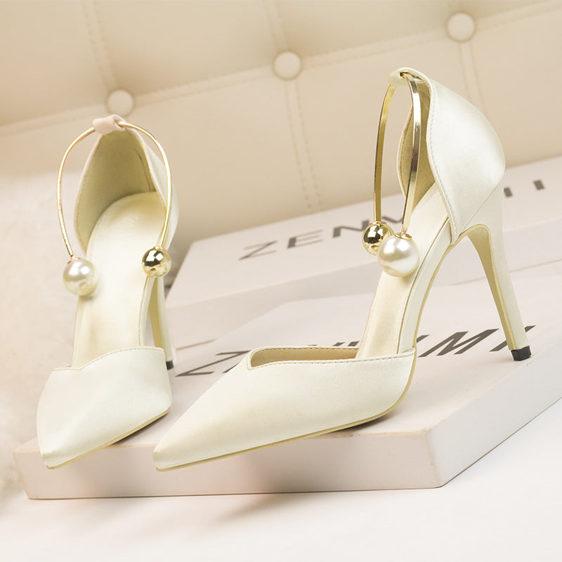 Fashion satin hollow metal word with high heel sandals