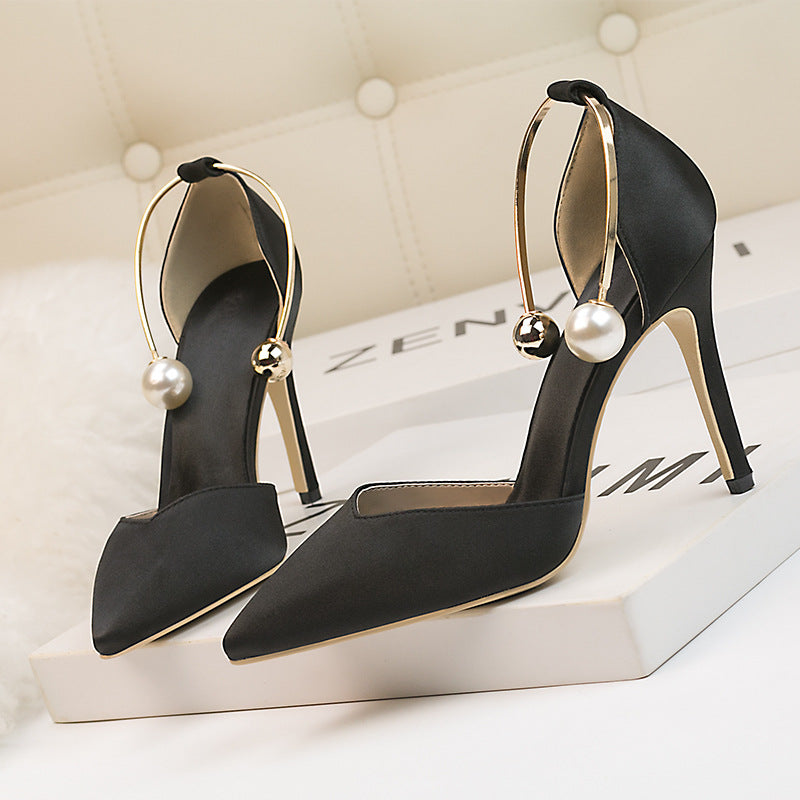 Fashion satin hollow metal word with high heel sandals