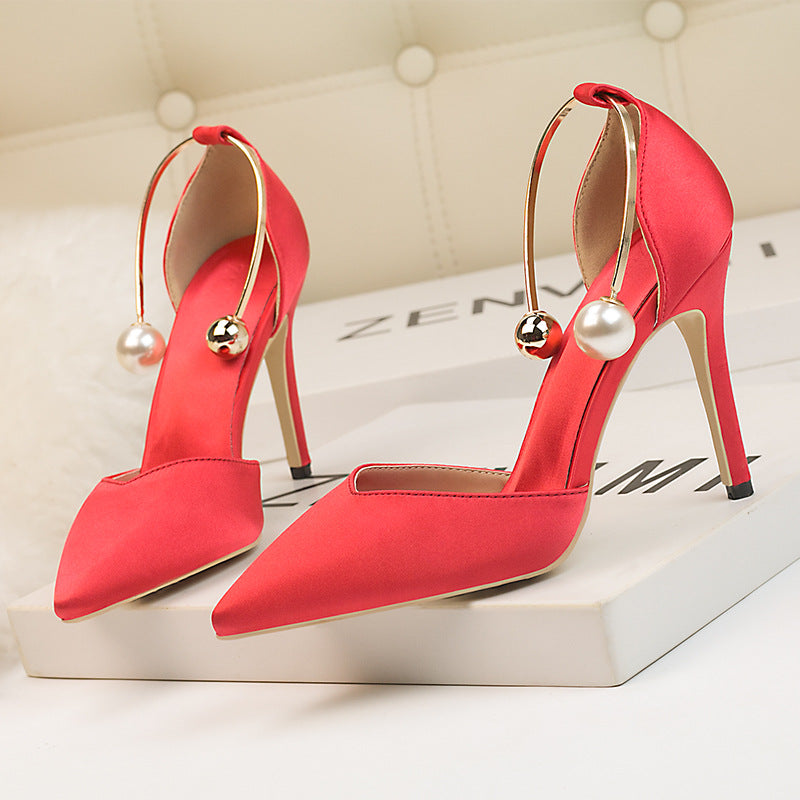 Fashion satin hollow metal word with high heel sandals