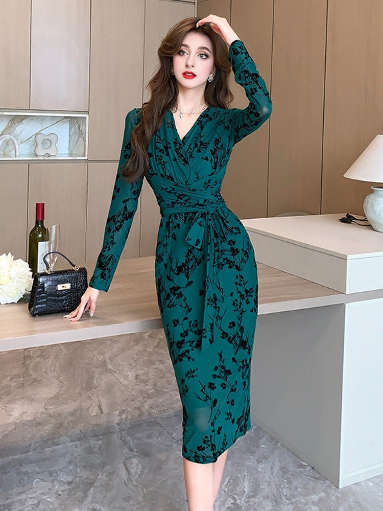 Fashionable embroidered slim fit plush dress