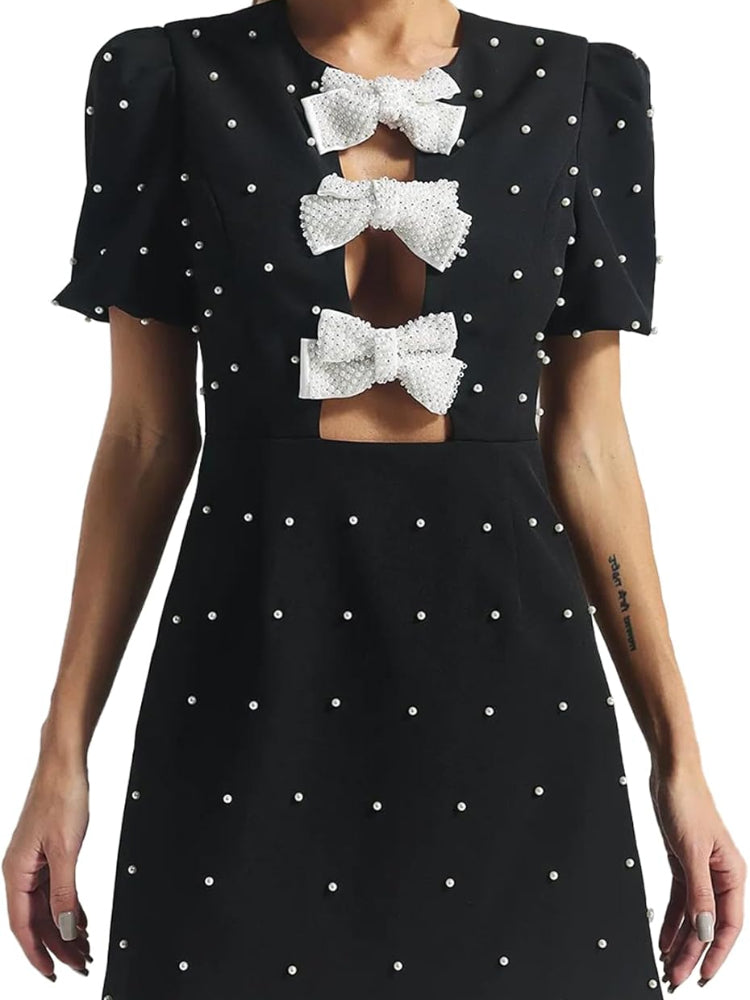 Black pearl bow hollow dress