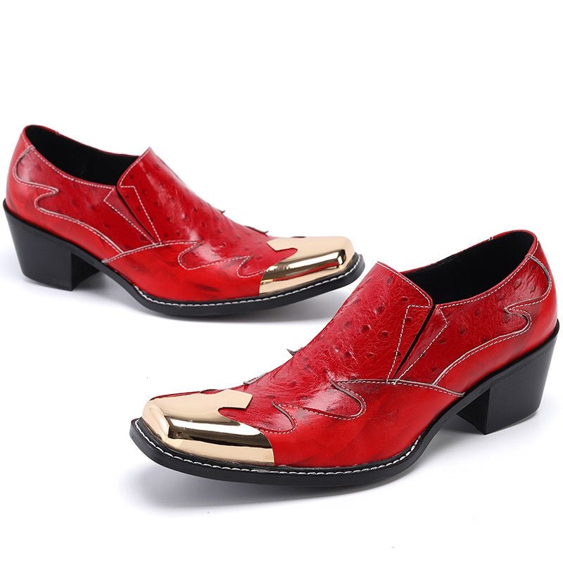 Red square-headed high-heeled men's dress shoes