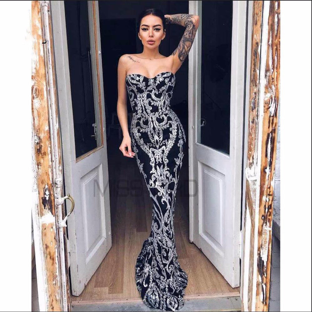 Retro sequin sexy strapless strapless strapless fishtail dress