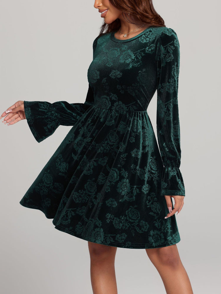 Green Velvet Print Long Sleeve Dress