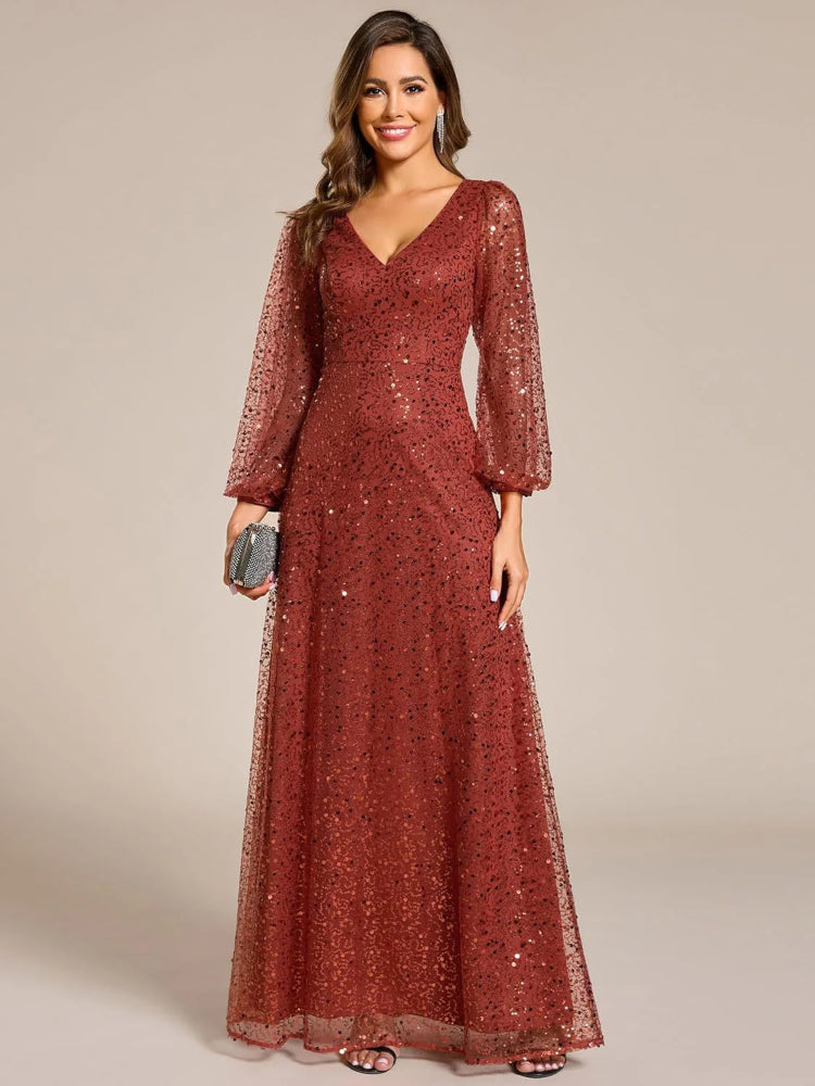 Orange fashion sequin V-neck long sleeved dress