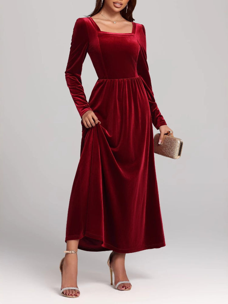 Red evening dress long dress golden velvet dress