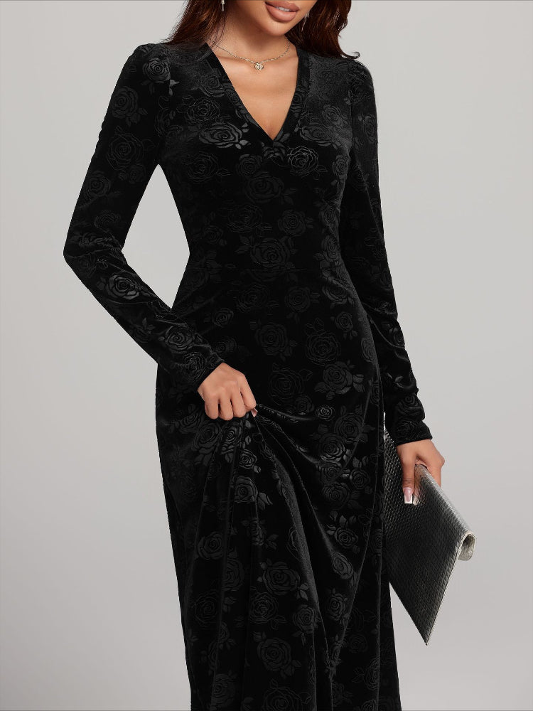 Fashion Velvet Print V-Neck Long Sleeve Dress