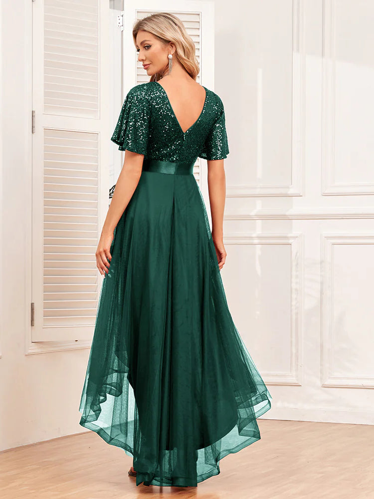 Fashion stitching V-neck irregular evening dress