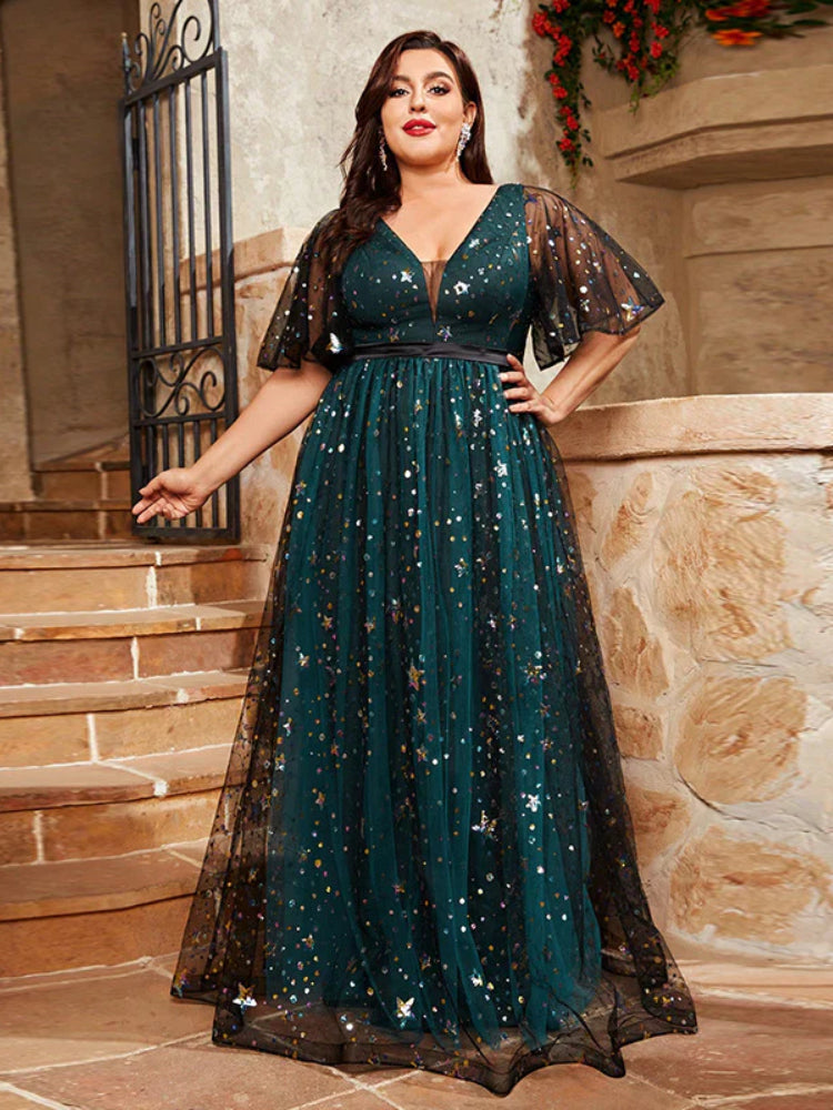 Large Size Sequin Embroidered V-Neck Bubble Sleeve Dress