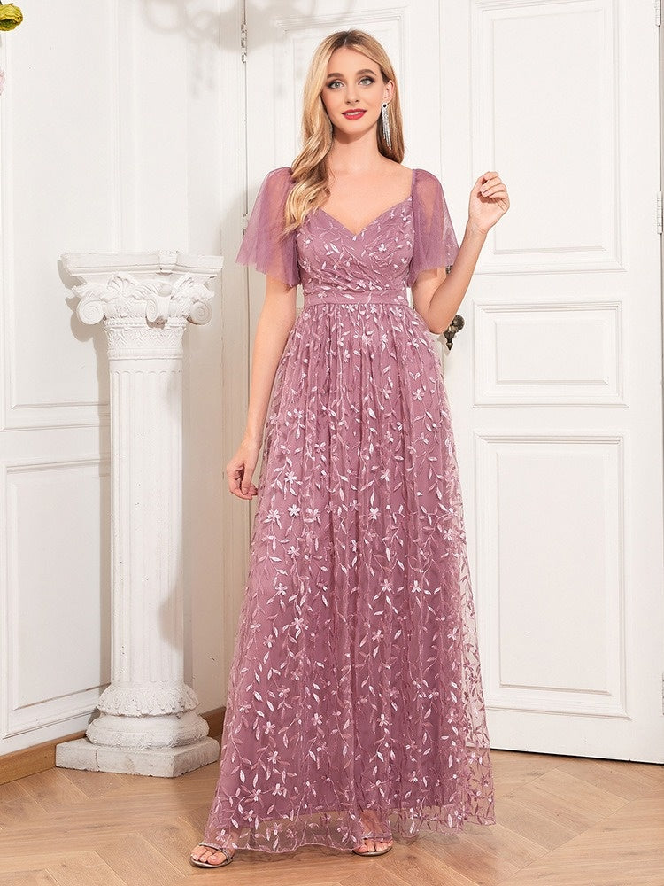 Pink elegant V-neck mesh embroidered evening dress