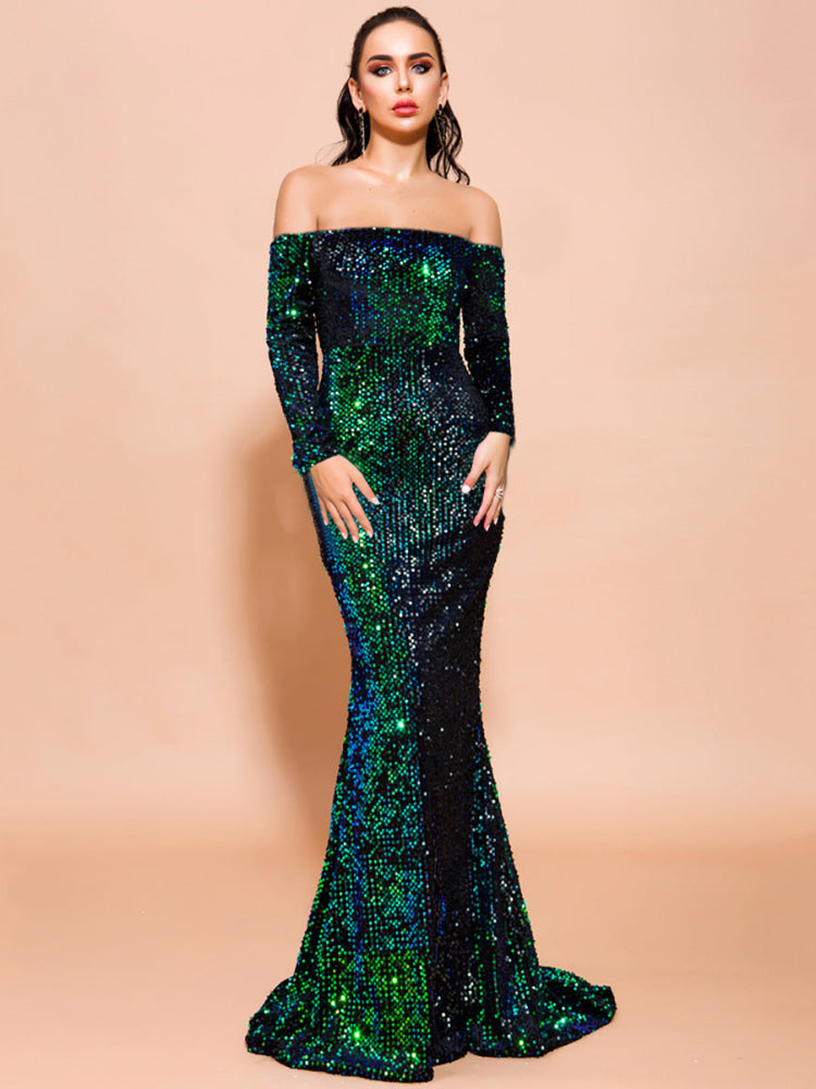 Sexy tube top one-word shoulder long-sleeved sequin dress