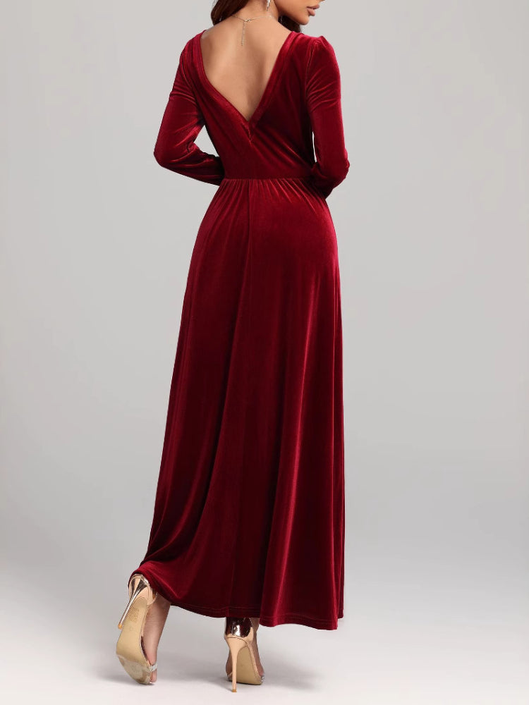 Red evening dress long dress golden velvet dress