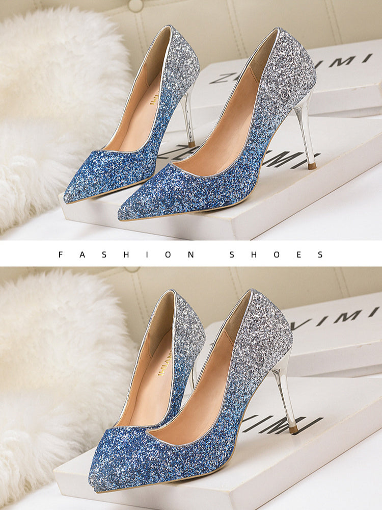 Nightclub tip gradual change sequined high heels