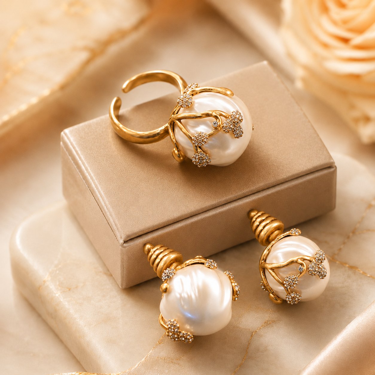 Luxury Pearl Floral Ring and Earrings Set for Women