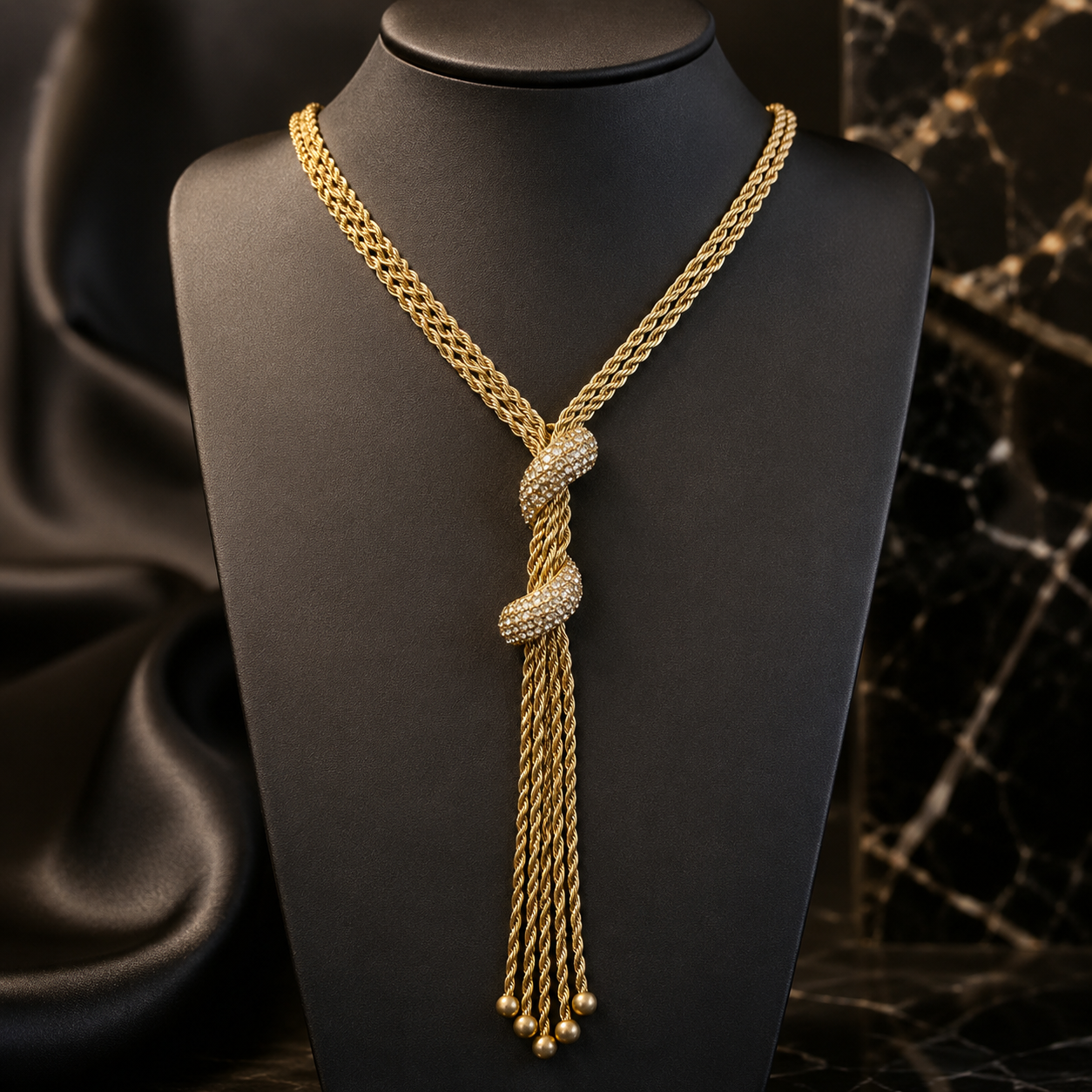 Parure de collier et boucles d'oreilles de soirée dorés à pompons de luxe