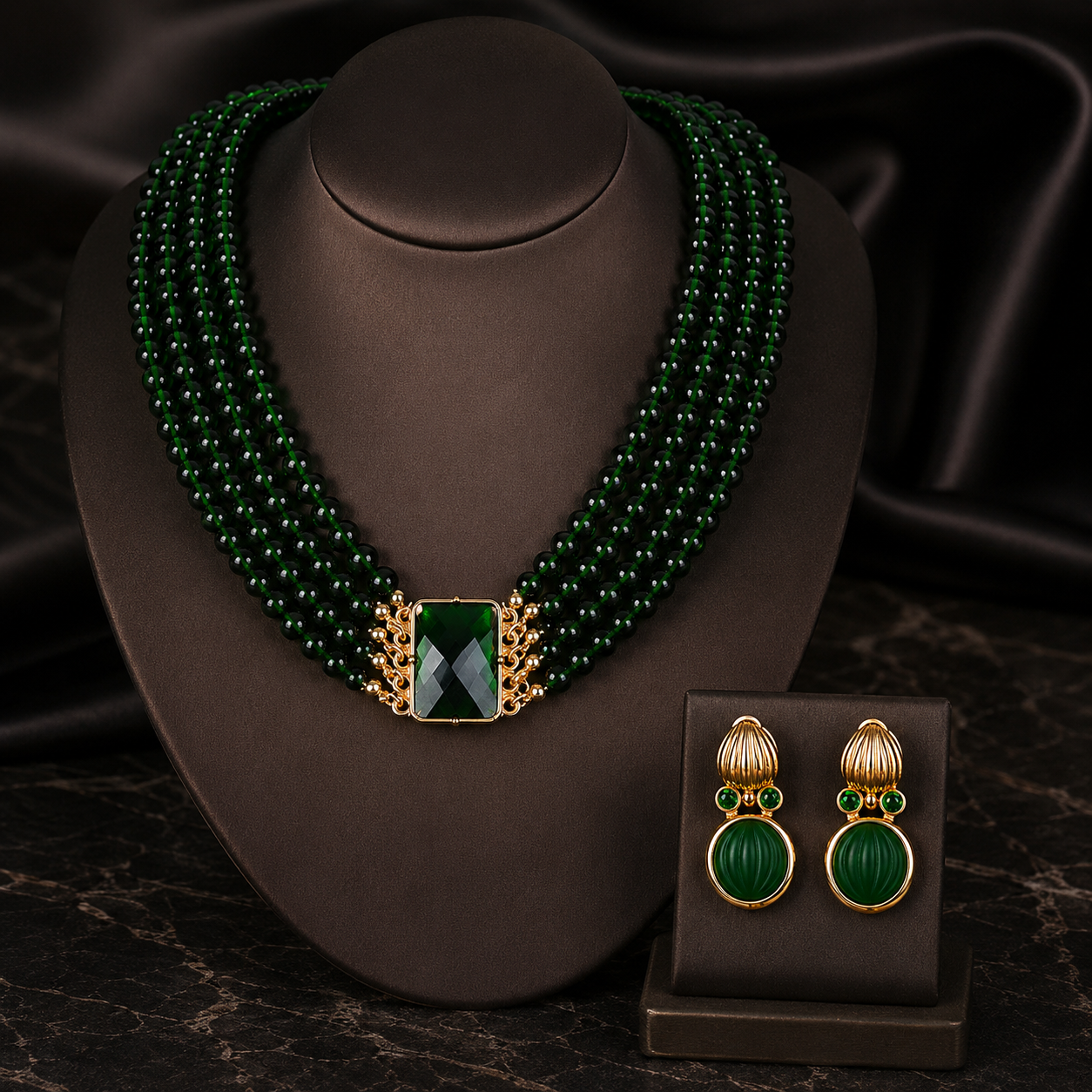 Luxury Multi Strand Emerald Green Beaded Necklace and Earrings Jewelry Set