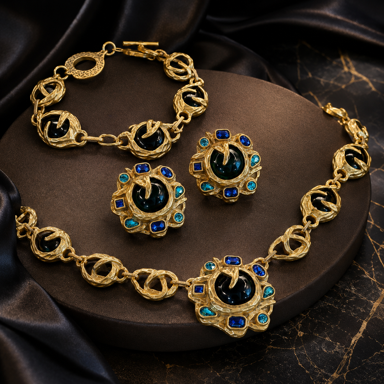 Luxury Black and Blue Crystal Necklace Earrings Bracelet Jewelry Set