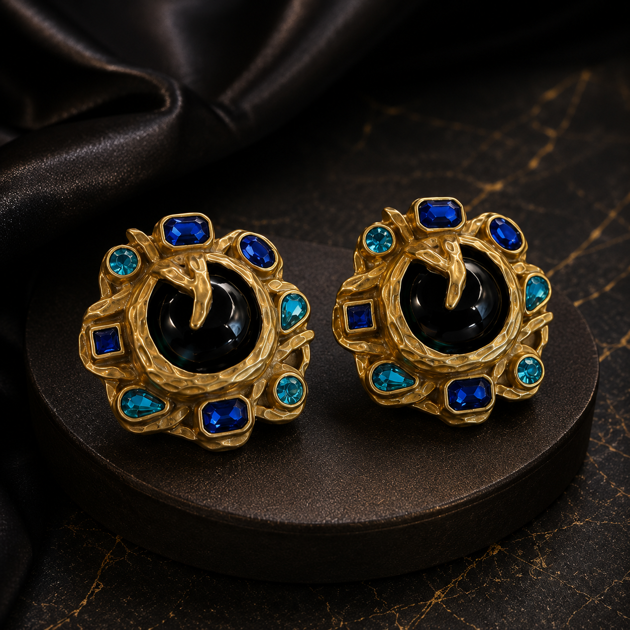 Luxury Black and Blue Crystal Necklace Earrings Bracelet Jewelry Set