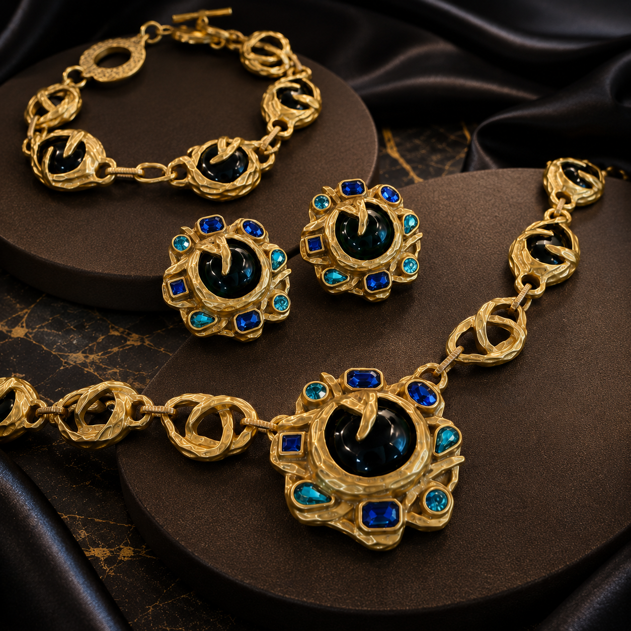 Luxury Black and Blue Crystal Necklace Earrings Bracelet Jewelry Set
