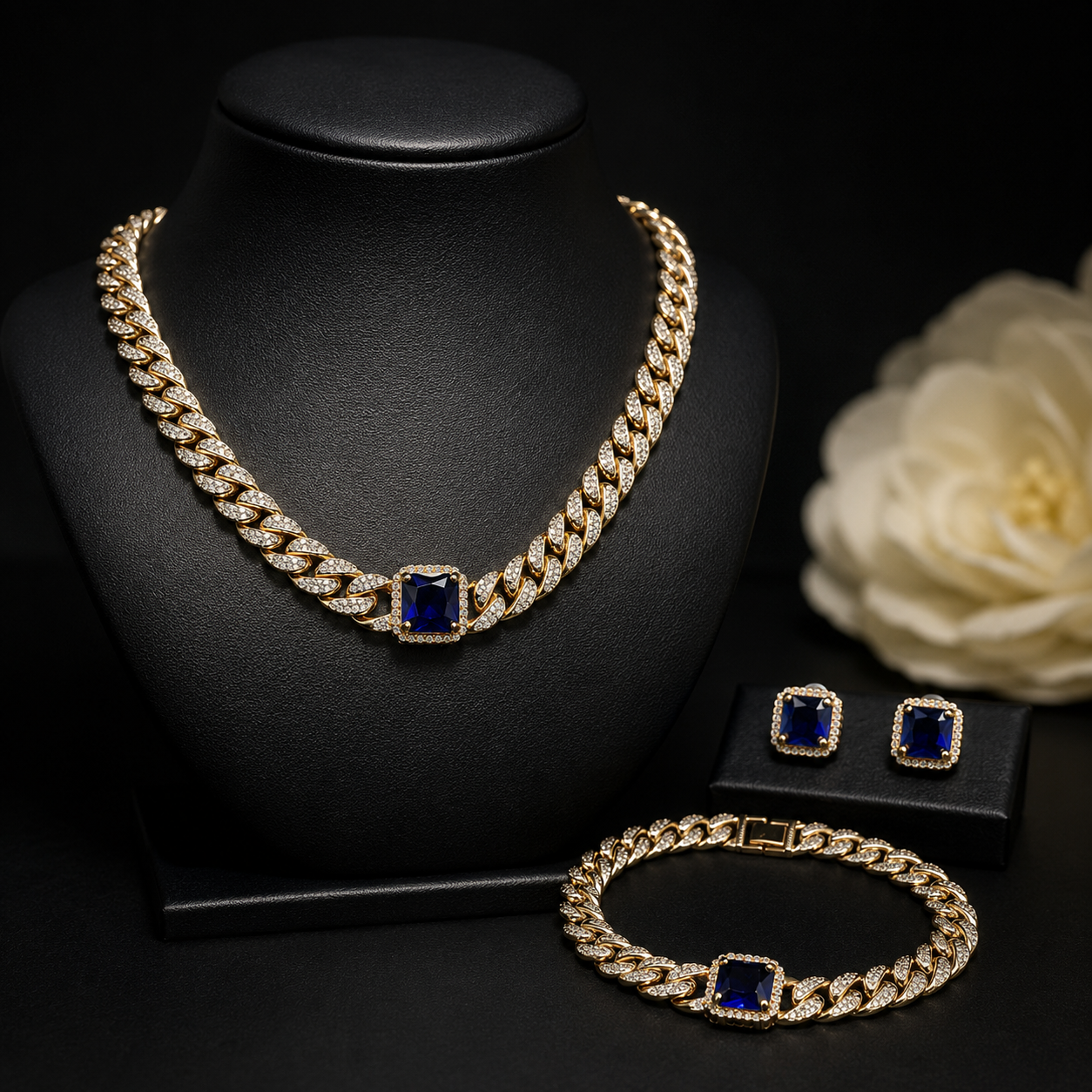 Luxury Sapphire Blue Crystal Necklace Earrings Bracelet Jewelry Set