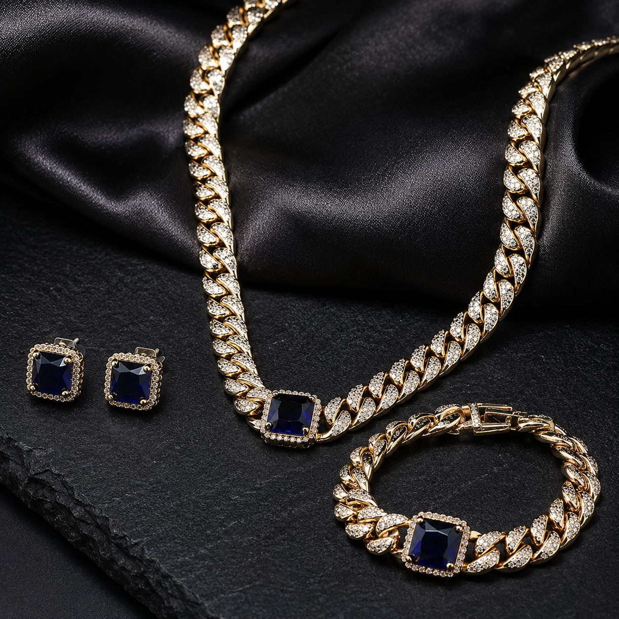Luxury Sapphire Blue Crystal Necklace Earrings Bracelet Jewelry Set