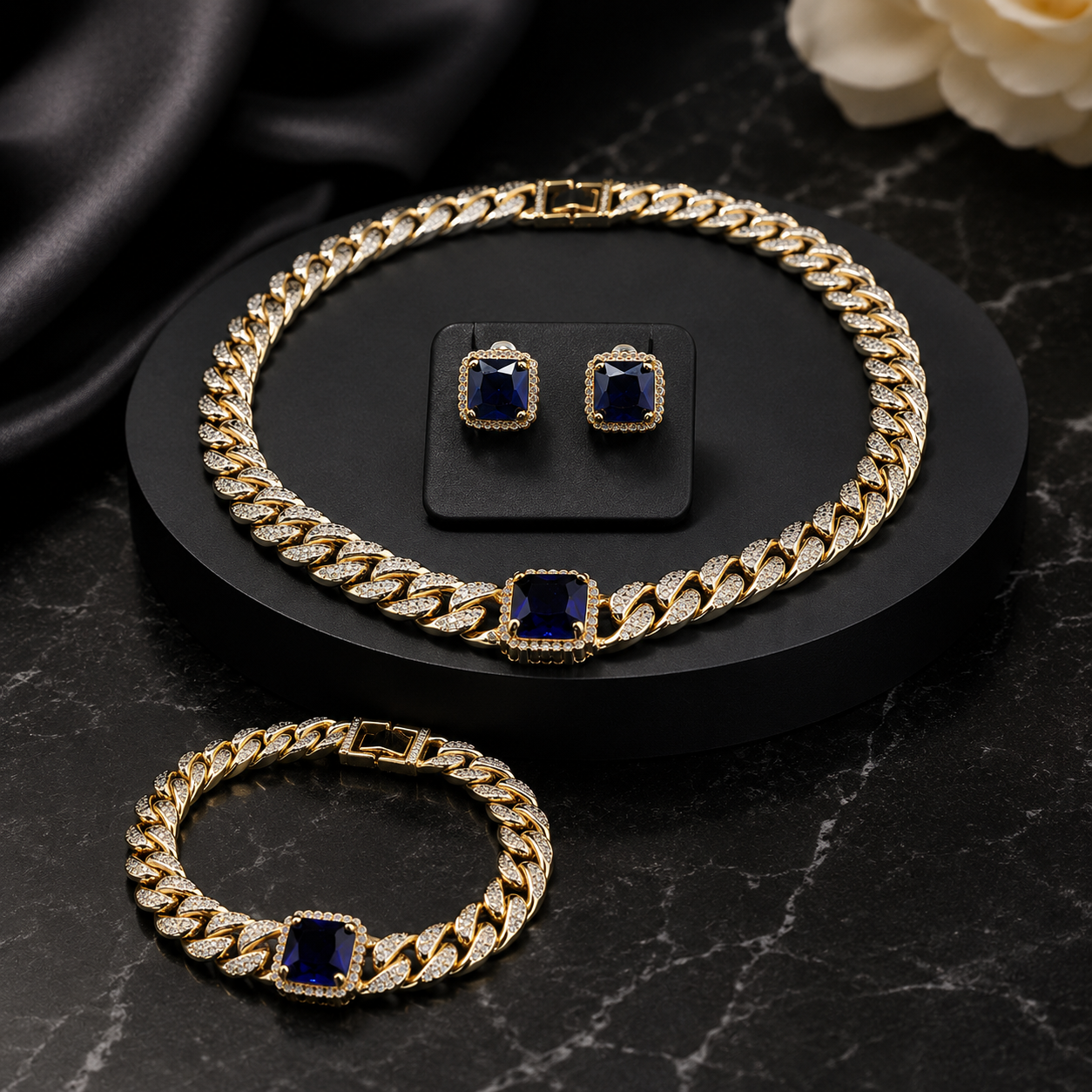 Luxury Sapphire Blue Crystal Necklace Earrings Bracelet Jewelry Set