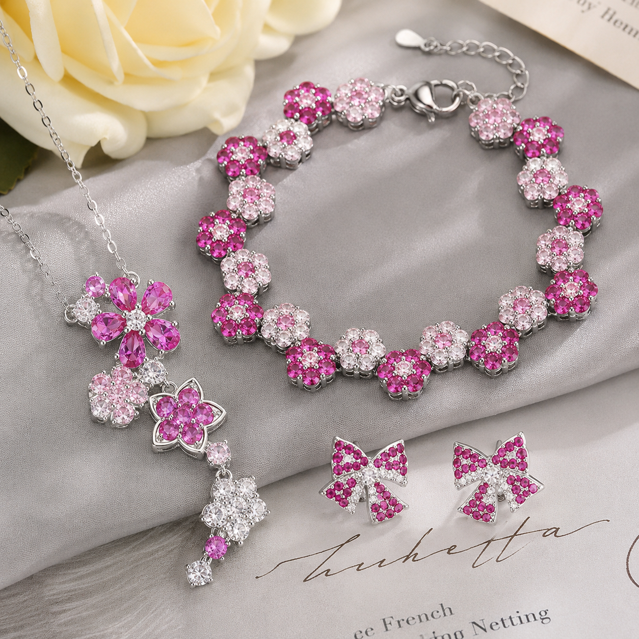 Romantic Pink Floral Necklace Bracelet Earrings Jewelry Set