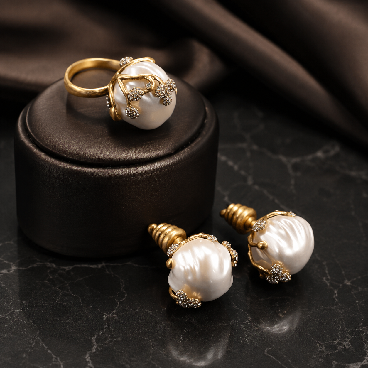 Luxury Baroque Pearl Ring and Earrings Jewelry Set
